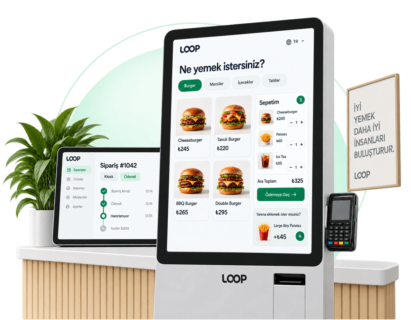 Kafe ve restoranlarda kullanılan self servis sipariş kiosk cihazları