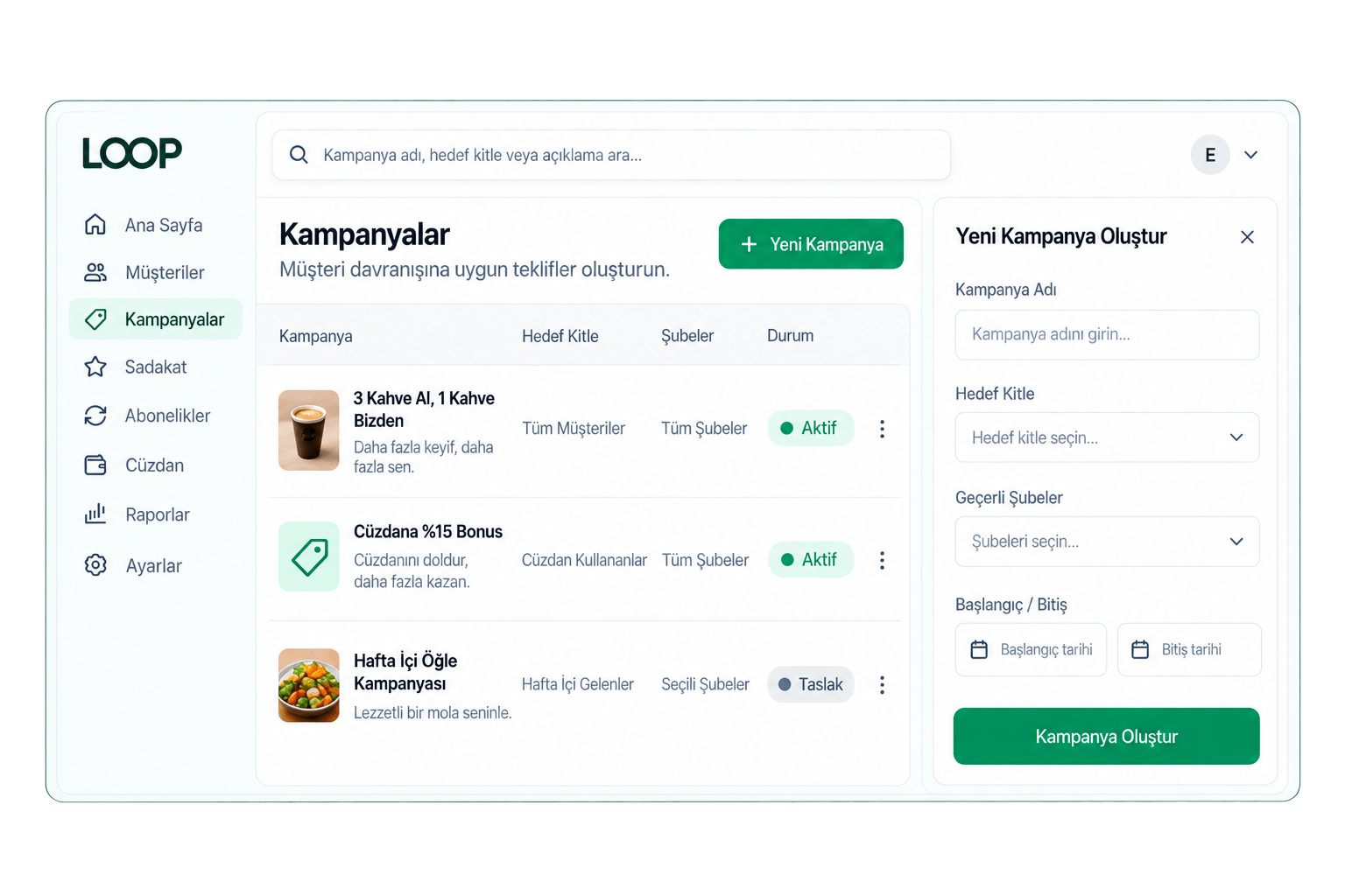 Restoran misafirlerine özel kampanya ve sadakat yönetimi ekranı