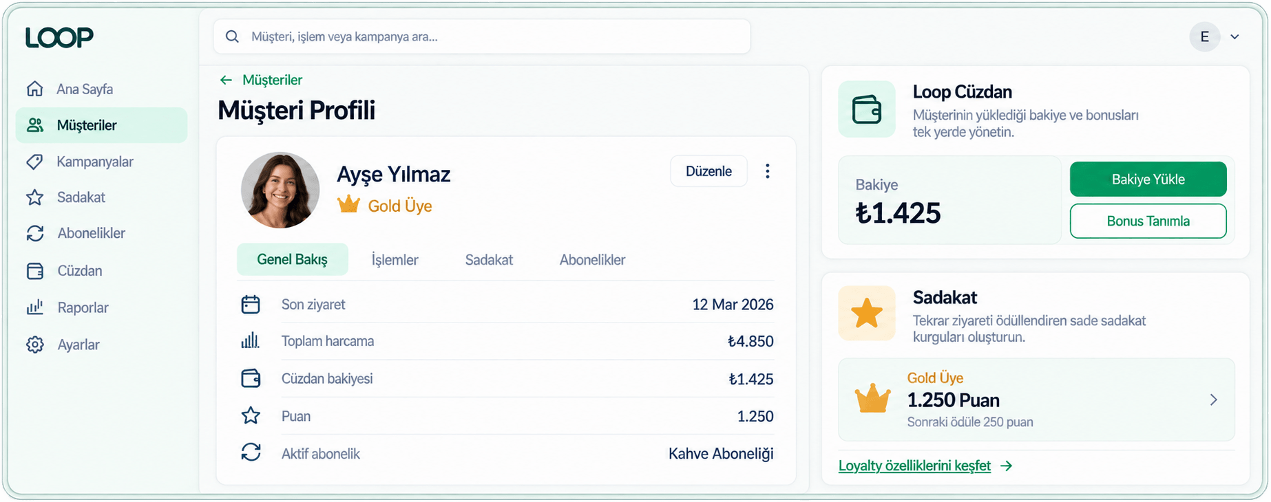 Müşteri profili, cüzdan ve puan hareketlerini gösteren sadakat sistemi