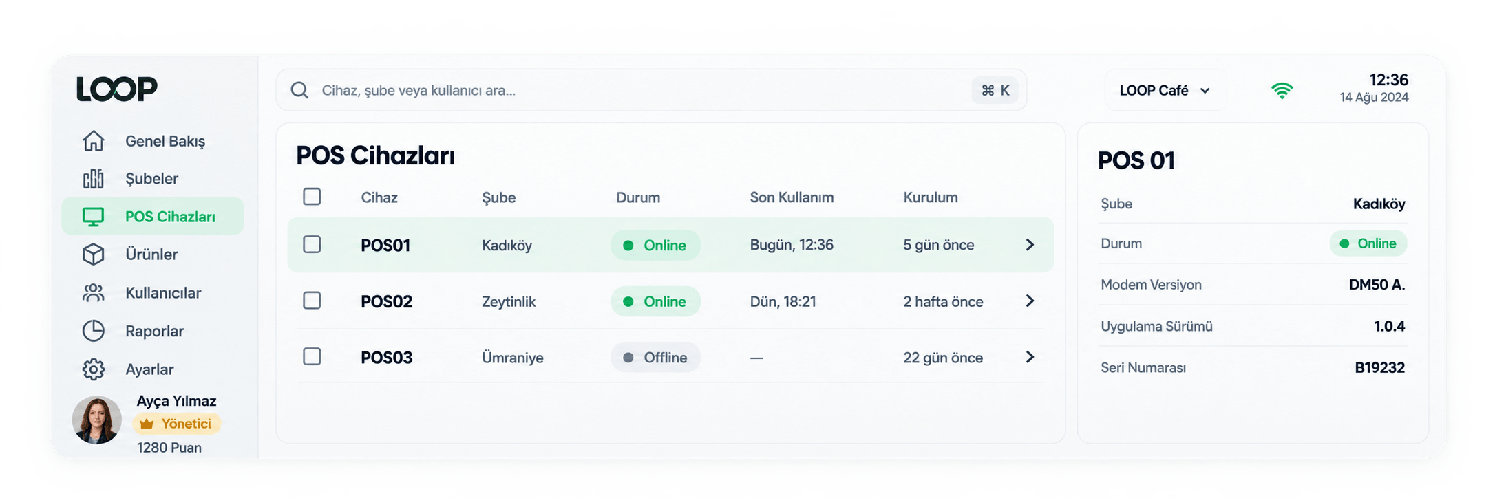 Loop POS cihazları ve şube yönetim ekranı