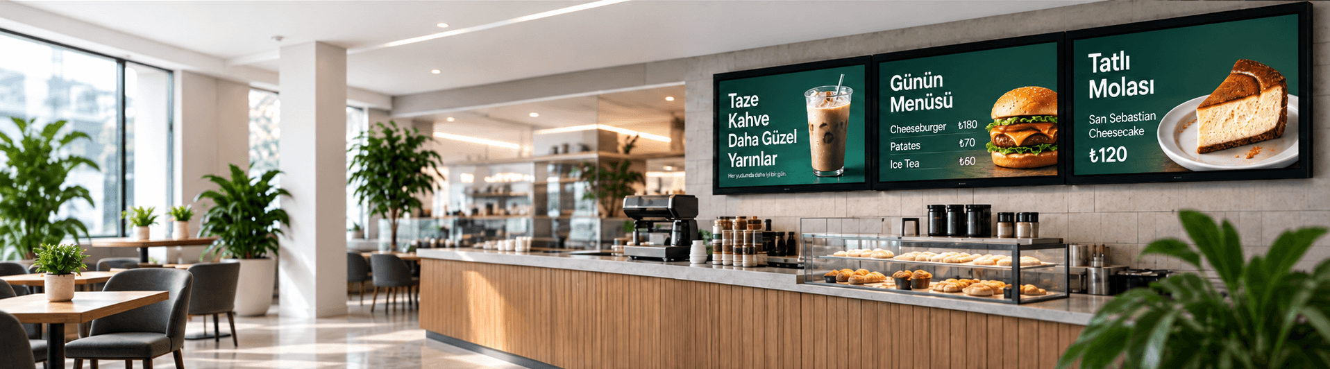 Kafe içinde menü ve kampanya yayınlayan Loop dijital ekranları