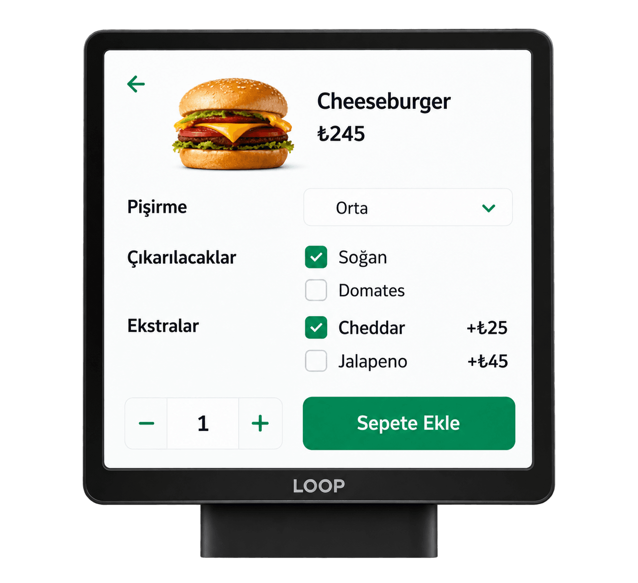 Kiosk ürün özelleştirme ekranı