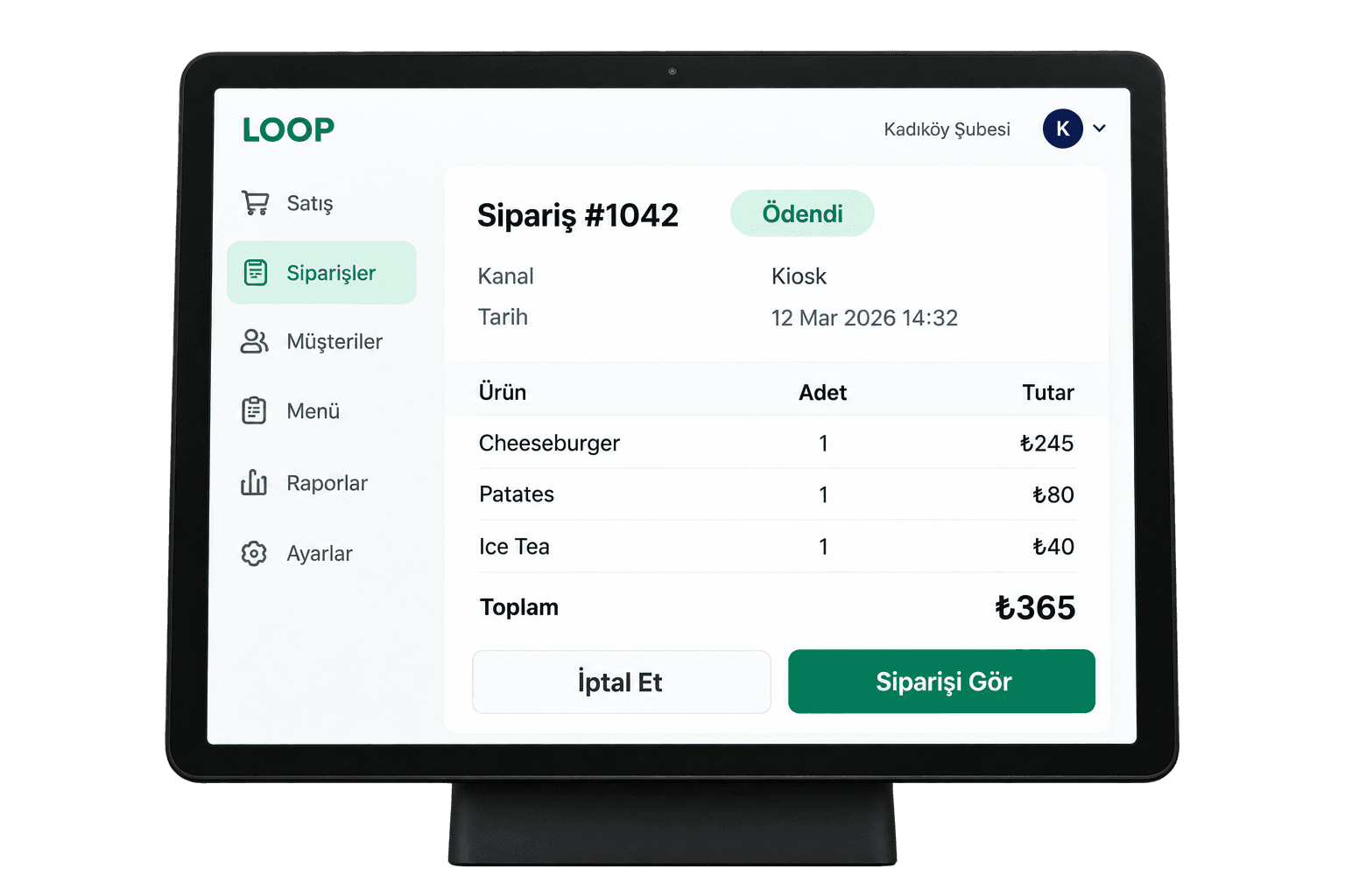 POS kiosk sipariş kaydı ekranı