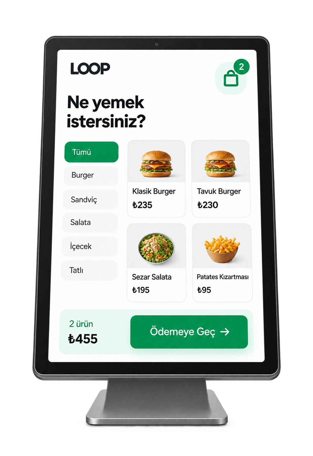 Kafe müşterisinin kendi siparişini oluşturduğu Loop Kiosk ekranı