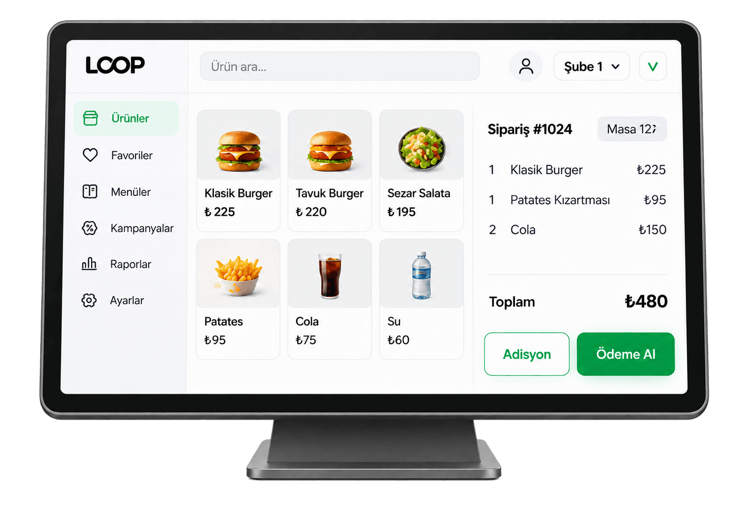 Kafe siparişinin ürün seçenekleriyle oluşturulduğu Loop POS ekranı