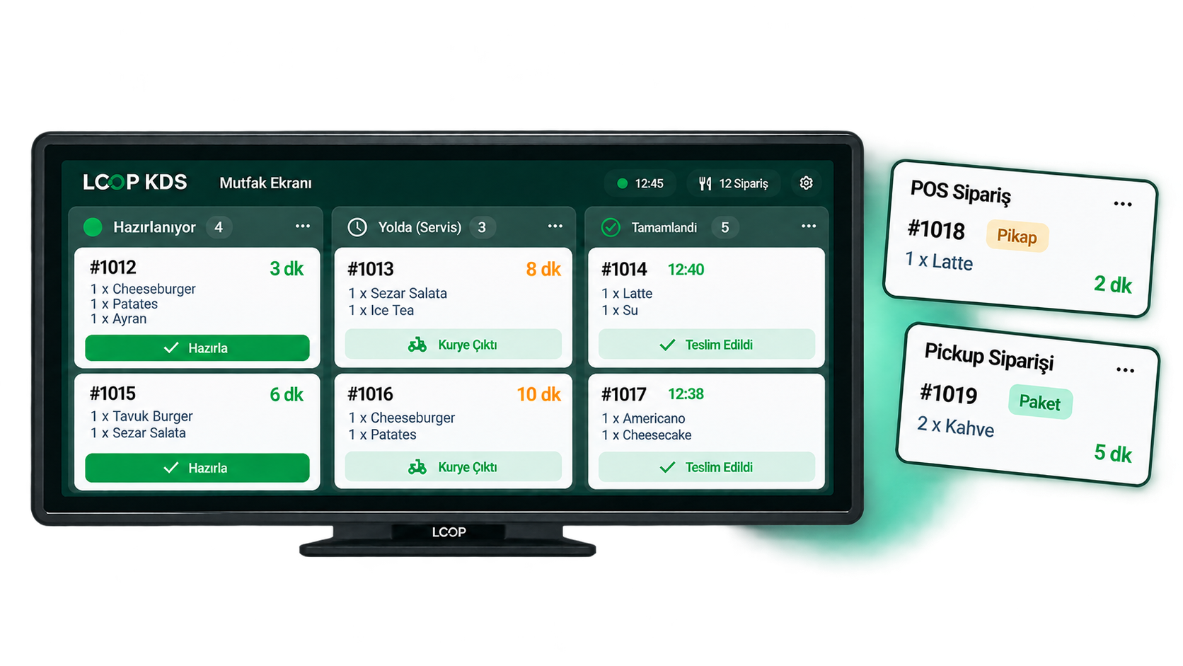 Loop KDS mutfak ekranı, POS ve pickup siparişleri