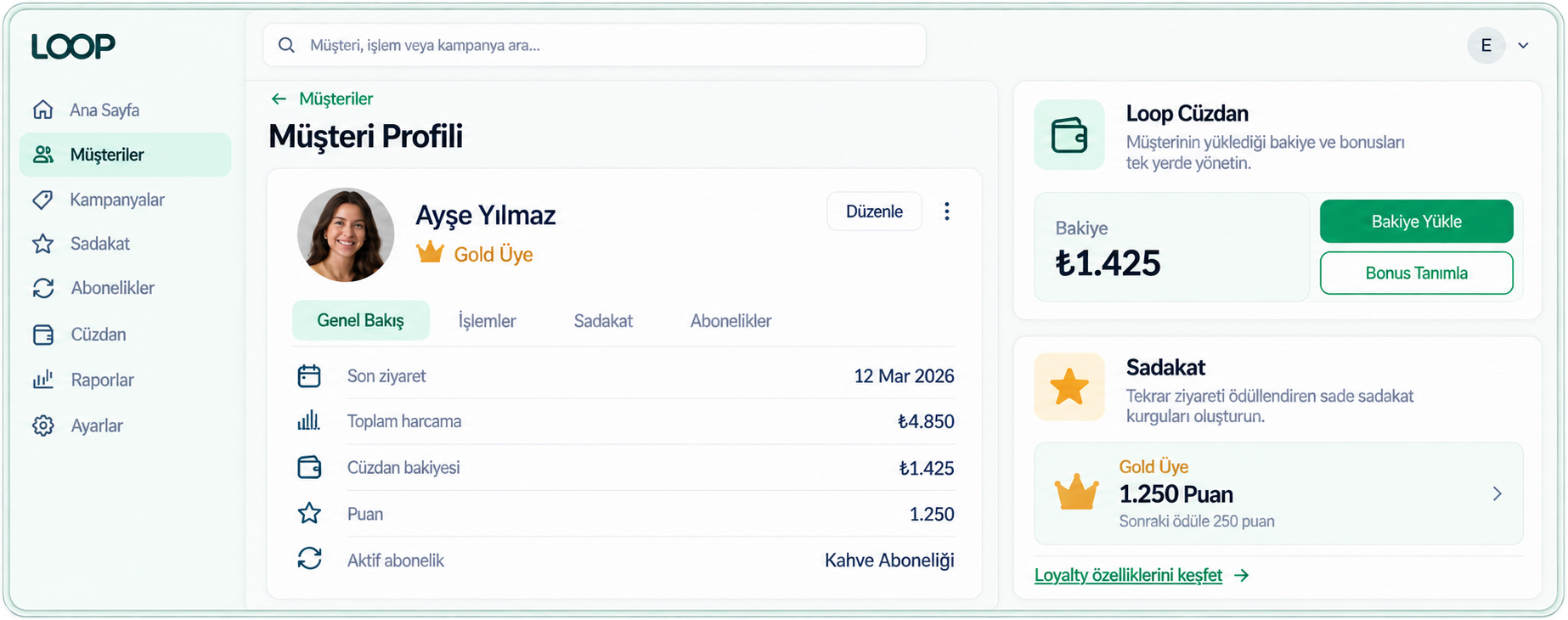 LoopIn Müşteri Profili yönetim ekranı