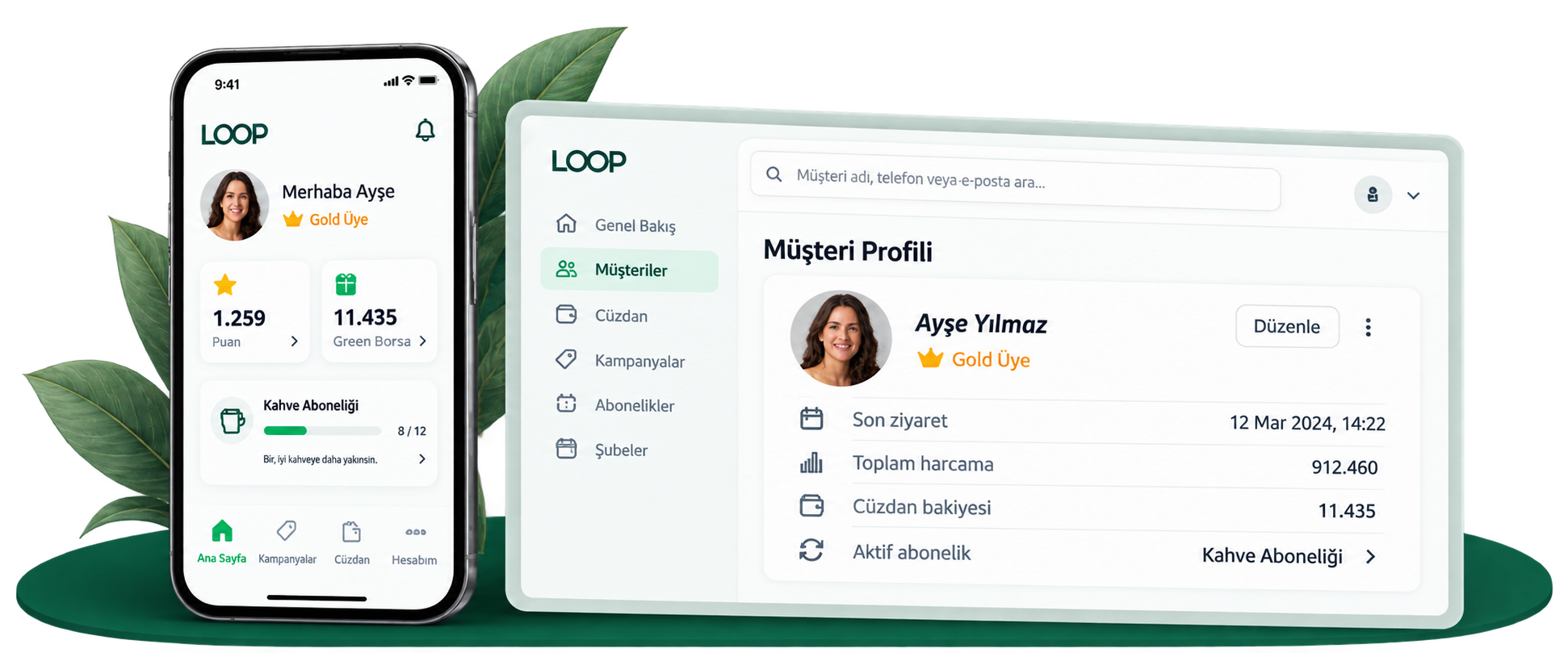 LoopIn mobil uygulaması ve müşteri profili ekranı